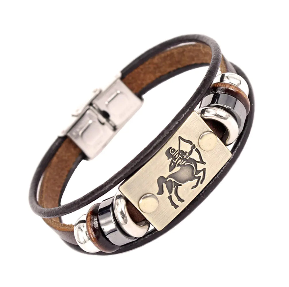 Zodiac Leather Bracelet with Stainless Steel Clasp