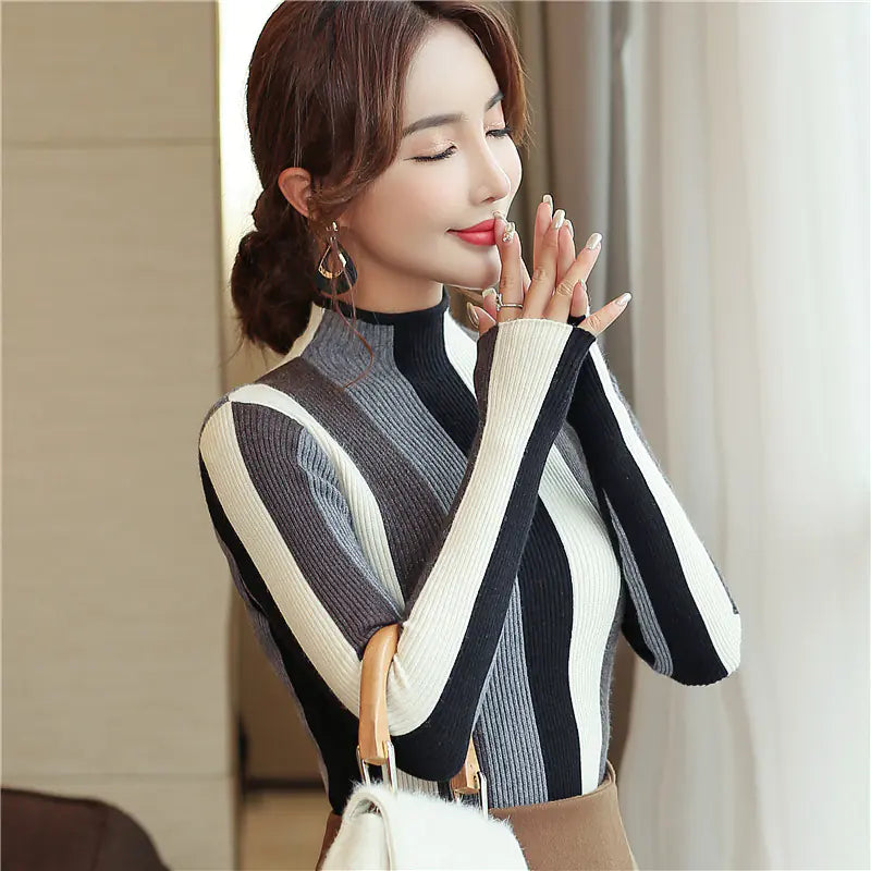 Women's Striped Knit Turtleneck Sweater Top