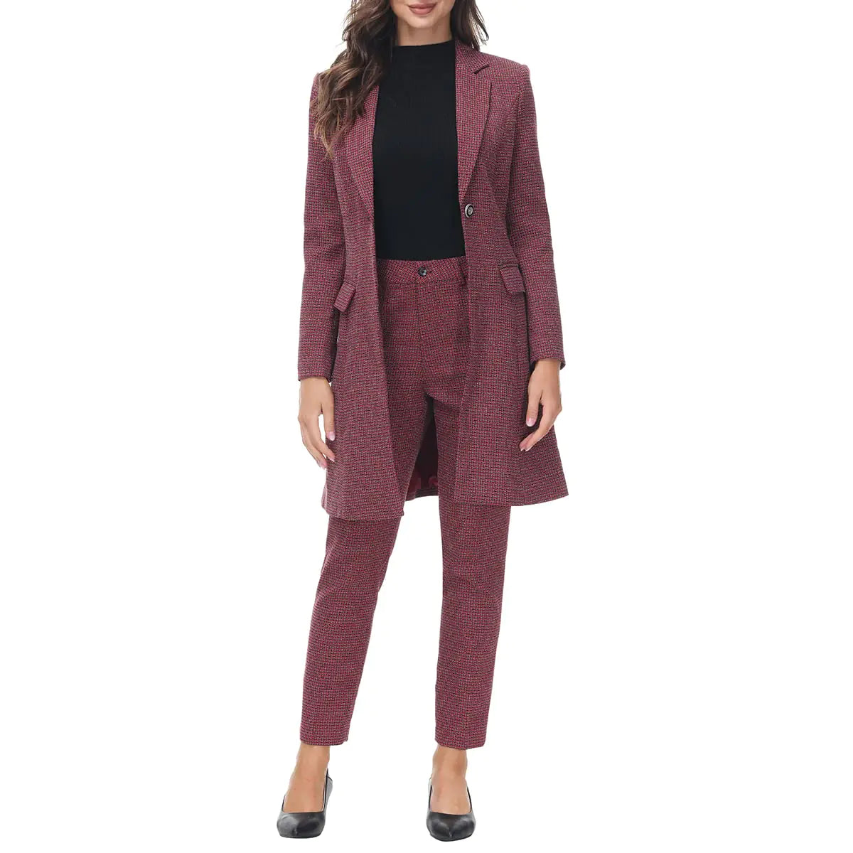 MODFUL Womens 2 Piece Long Blazer with Pants Set Small Plaid Elegant Suit Set for Casual Business Office(RedSmall)