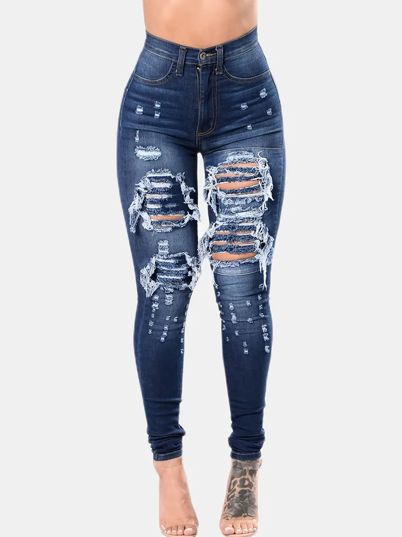 Blue Ripped Skinny Jeans with Distressed High Waist