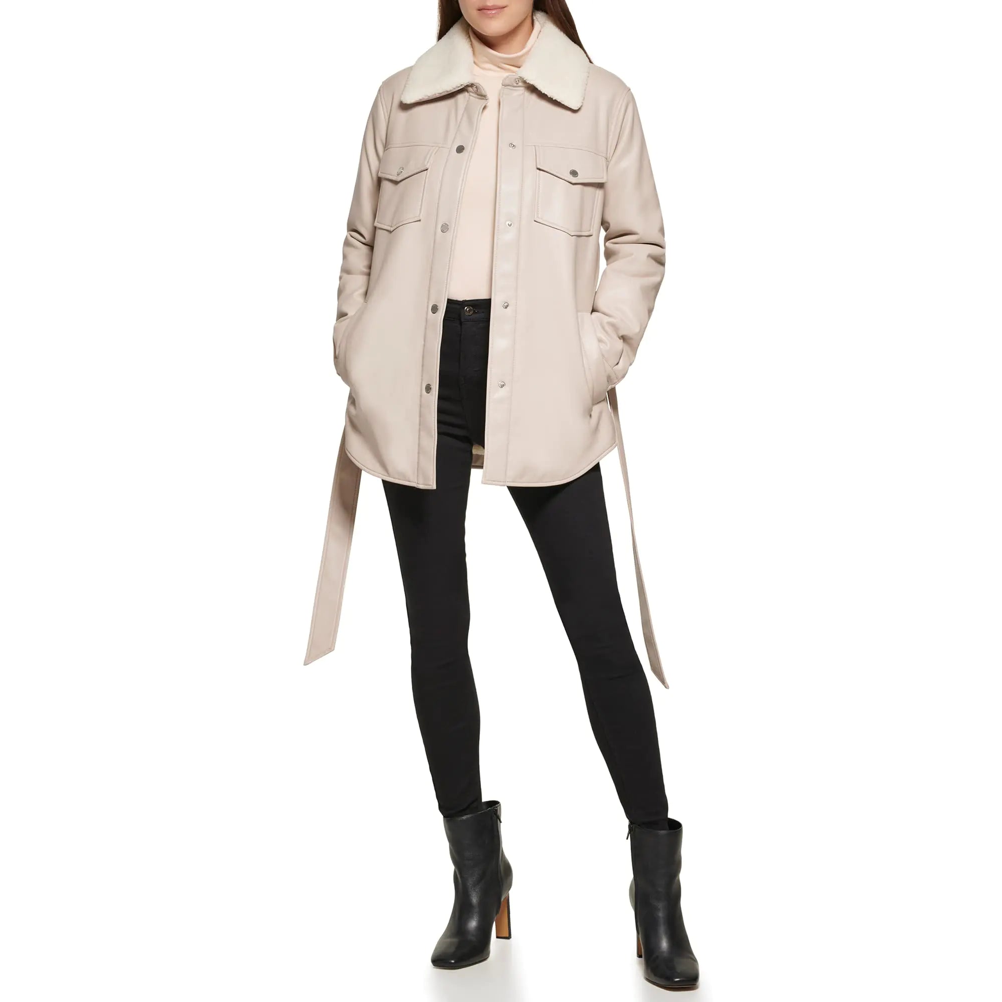 KENNETH COLE Womens Belted Faux Leather Jacket Shacket Bone Medium