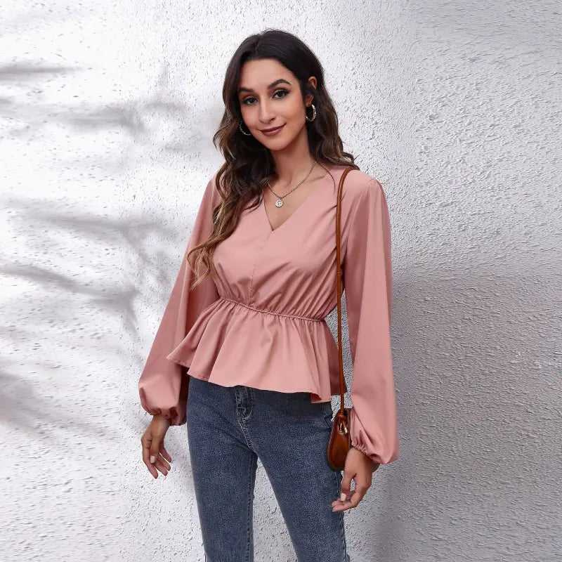 Solid Color V-neck Long-sleeve Chiffon Shirt for Women