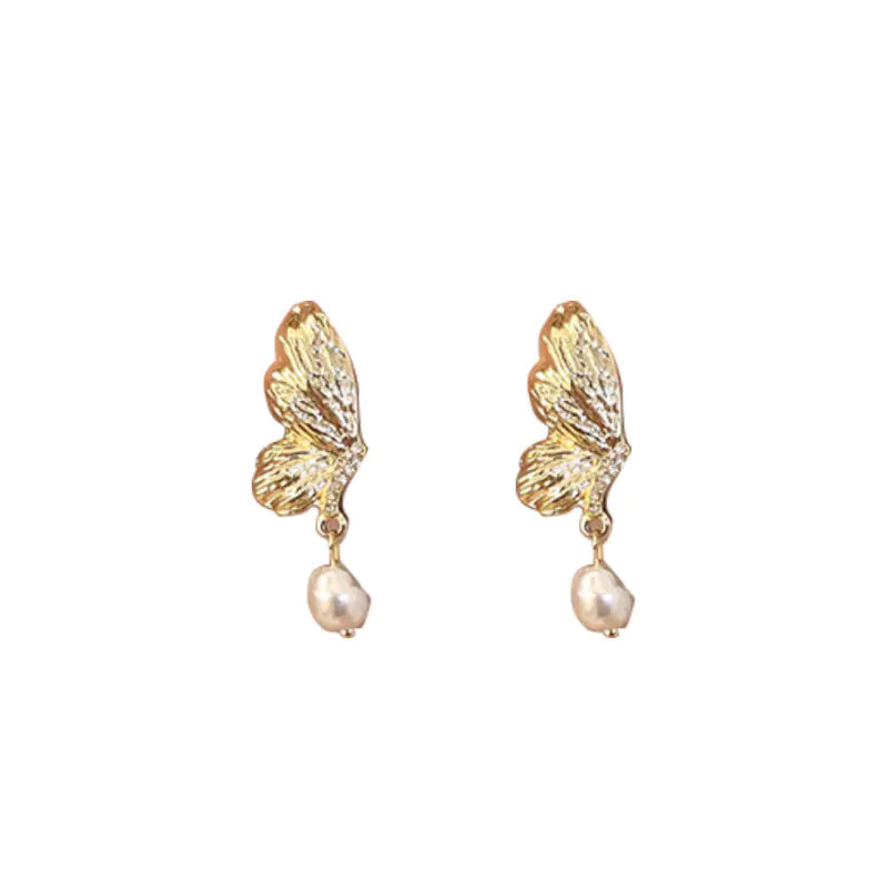 S925 Silver Butterfly Pearl Earrings - French Retro Style