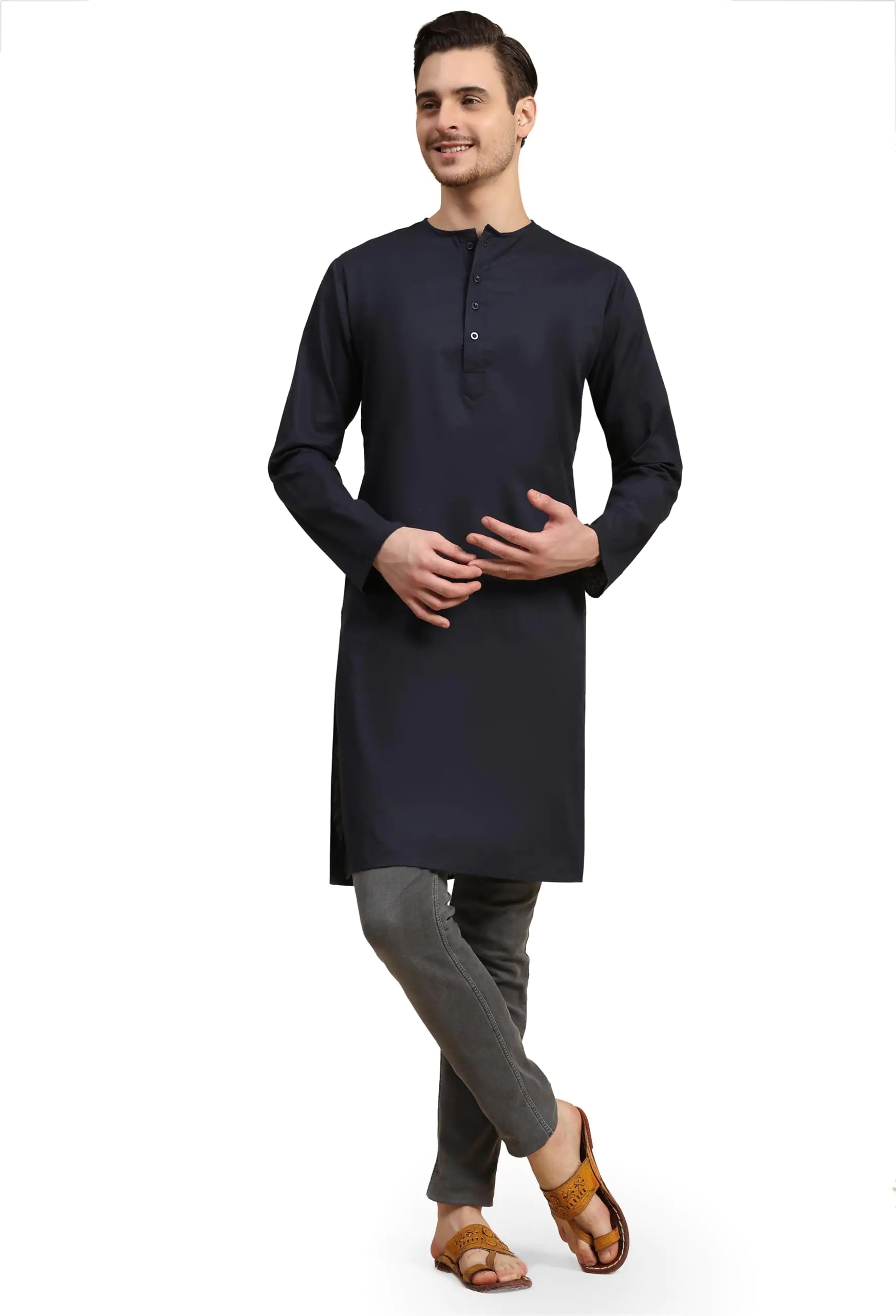 Mens Cotton Henley Shirts Long Sleeve Band Collar T-Shirts Longline Kurta Beach Shirts with Pocket (Medium Blue)