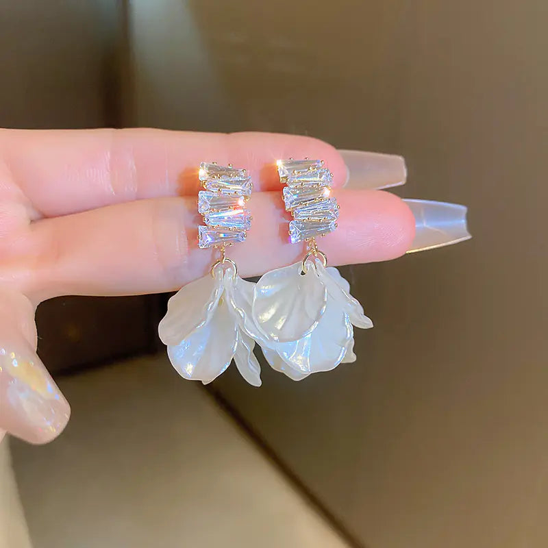 Silver Needle French Baroque Pearl Flower Tassel Earrings