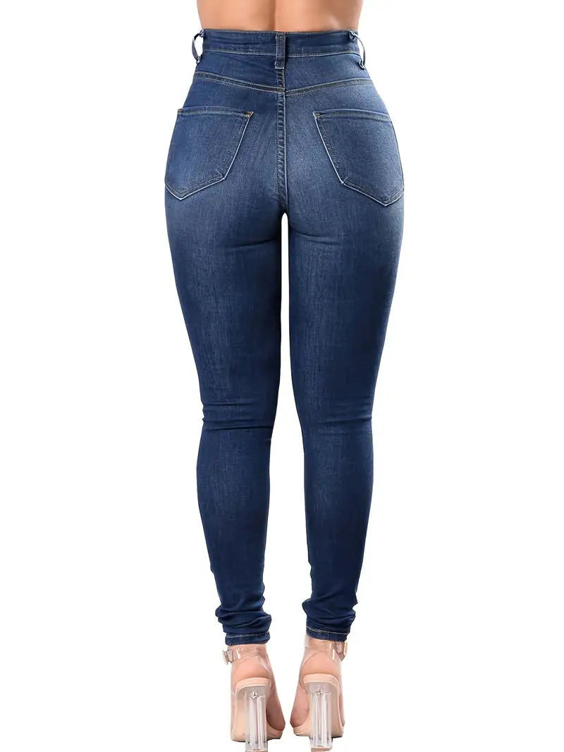 Blue Ripped Skinny Jeans with Distressed High Waist