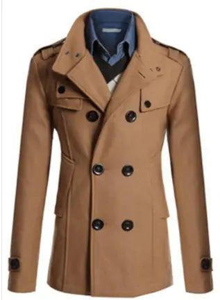 Men's Long Sleeve Wool Trench Coat with Stand Collar