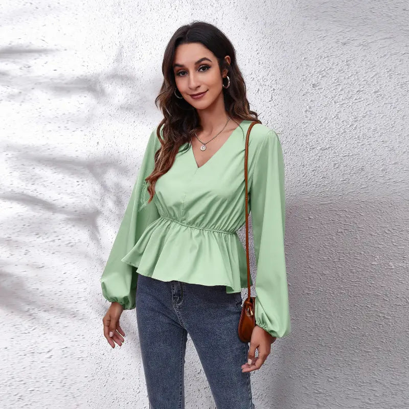 Solid Color V-neck Long-sleeve Chiffon Shirt for Women