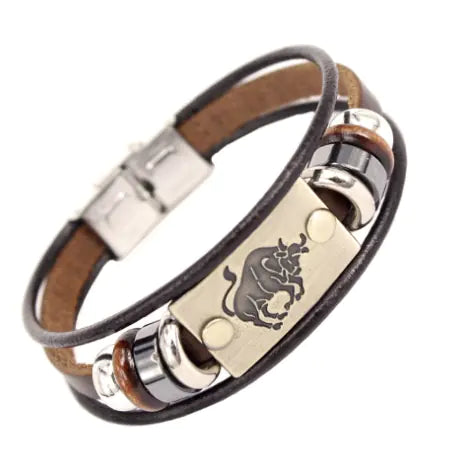 Zodiac Leather Bracelet with Stainless Steel Clasp