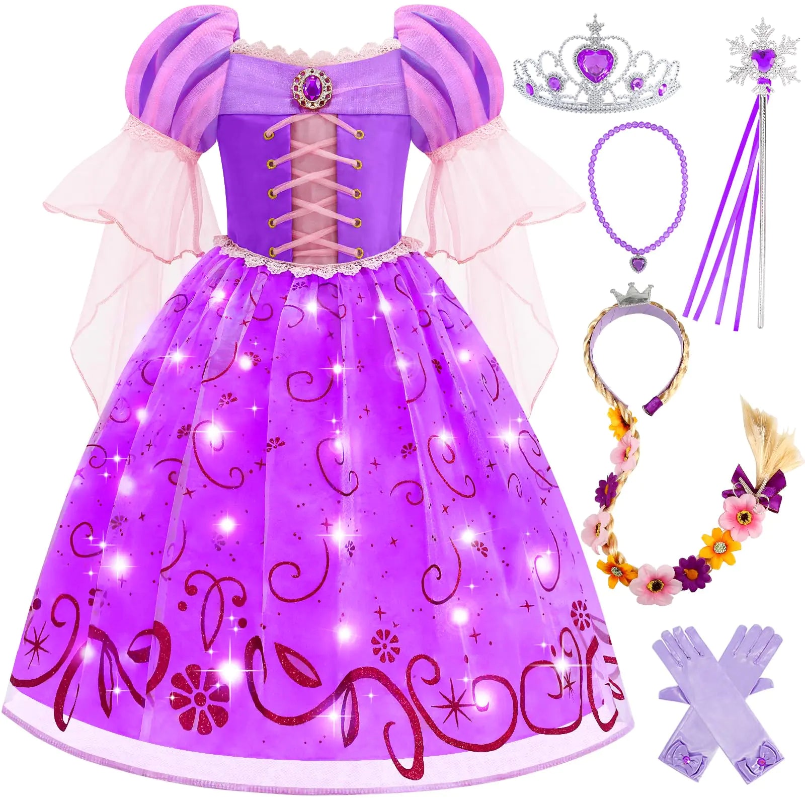 Aolliya Light Up Princess Dresses for Girls Purple Lighted Princess Costume for Halloween Cosplay Party Birthday Carnival