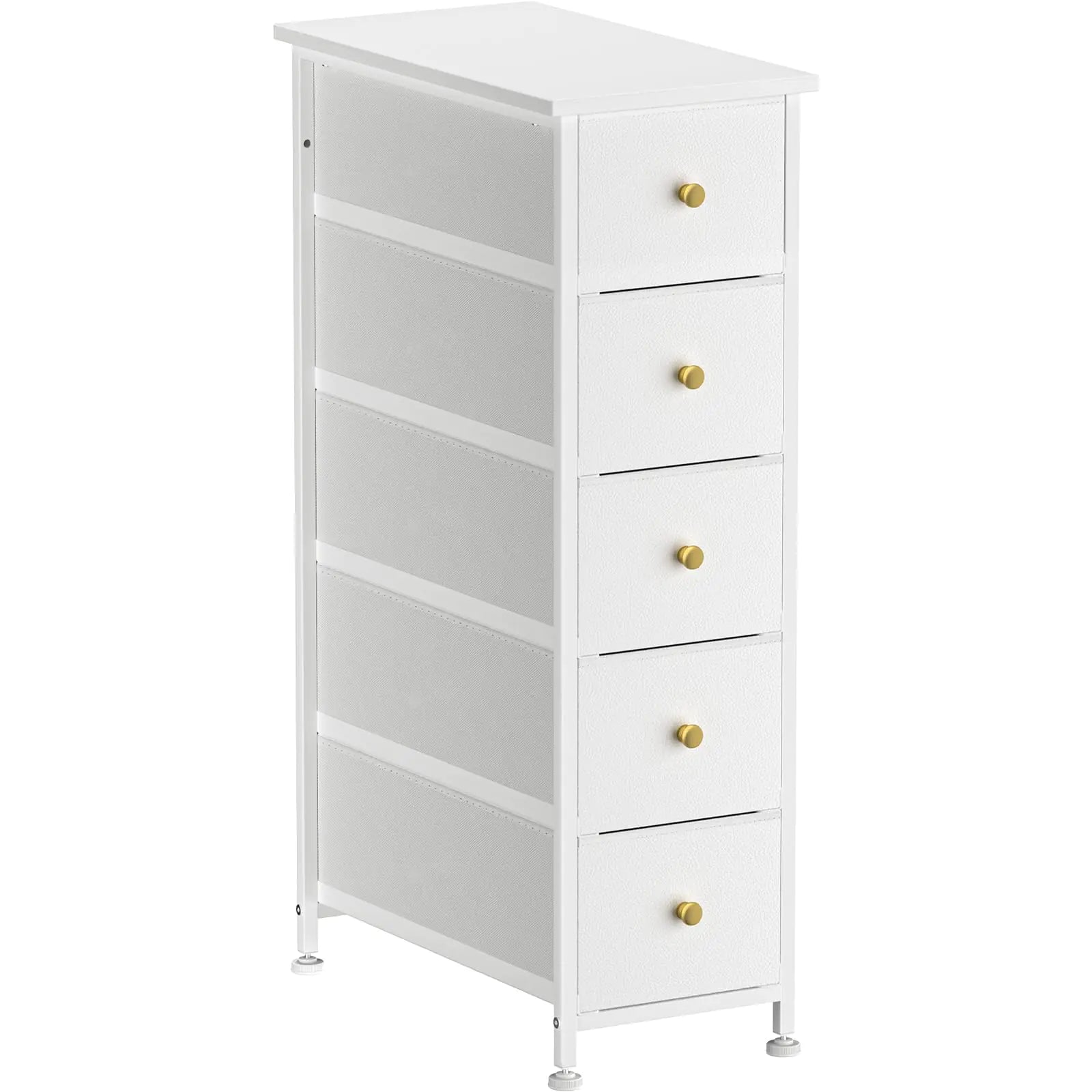 YILQQPER Narrow Dresser Storage Tower with 5 Drawers Slim Dresser Chest of Drawers with Steel Frame Wood Top Golden Knobs White Dresser for Bedroom Bathroom Small Spaces Laundry Closet White