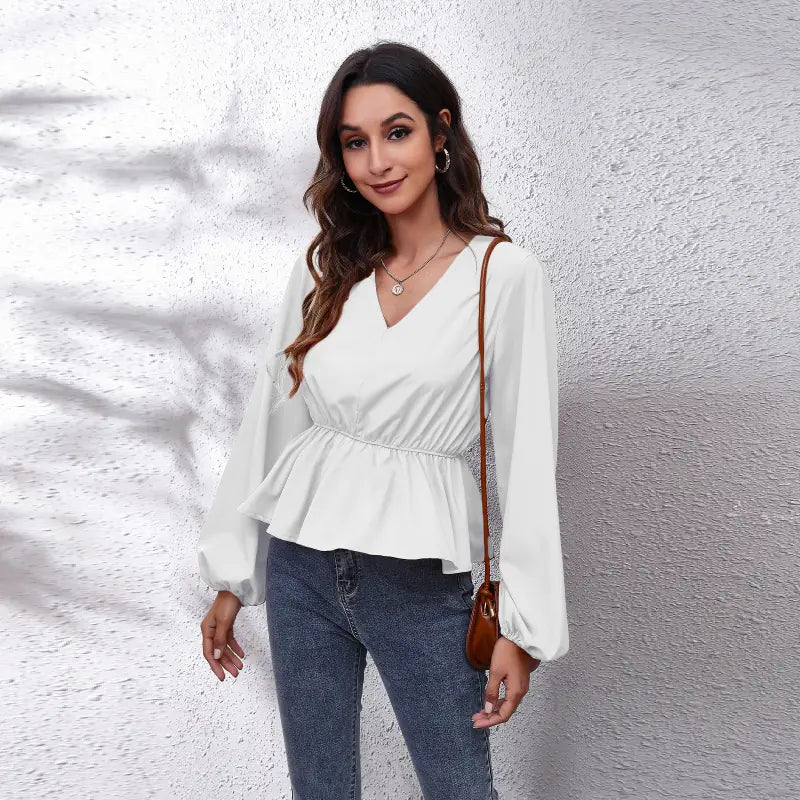 Solid Color V-neck Long-sleeve Chiffon Shirt for Women