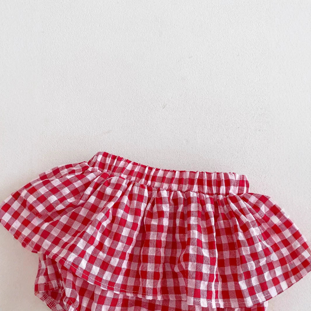 Summer Hot Selling Baby Kids Girls Sleeveless Plaid Pattern Top Vest and Bloomers Clothing Set