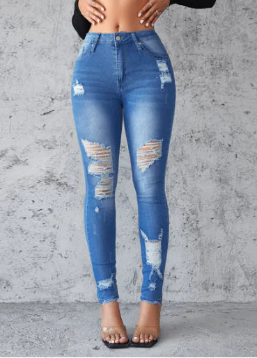 Blue Tassel Ripped High Waist Skinny Jeans for Women