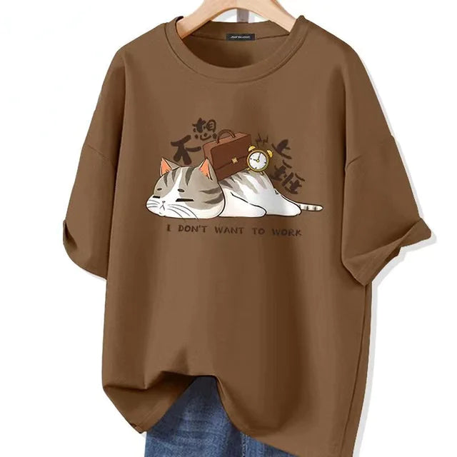 Kawaii Cat Graphic Oversized Cotton T-Shirt for Summer