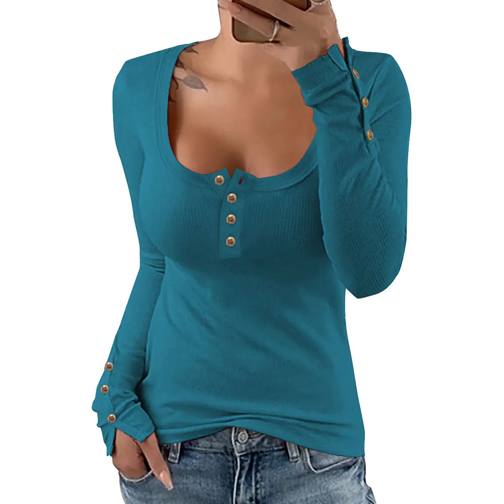 Solid Color Slim Fit Square Neck Knit T-shirt for Women