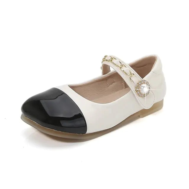 Kids Leather Mary Jane Flat Shoes with Pearl Chain