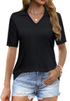 Womens Polo Shirts Short Sleeve V Neck Business Casual Collared Work Tops Ribbed Tunic Tee Basic Solid Summer Tops 2025 Black