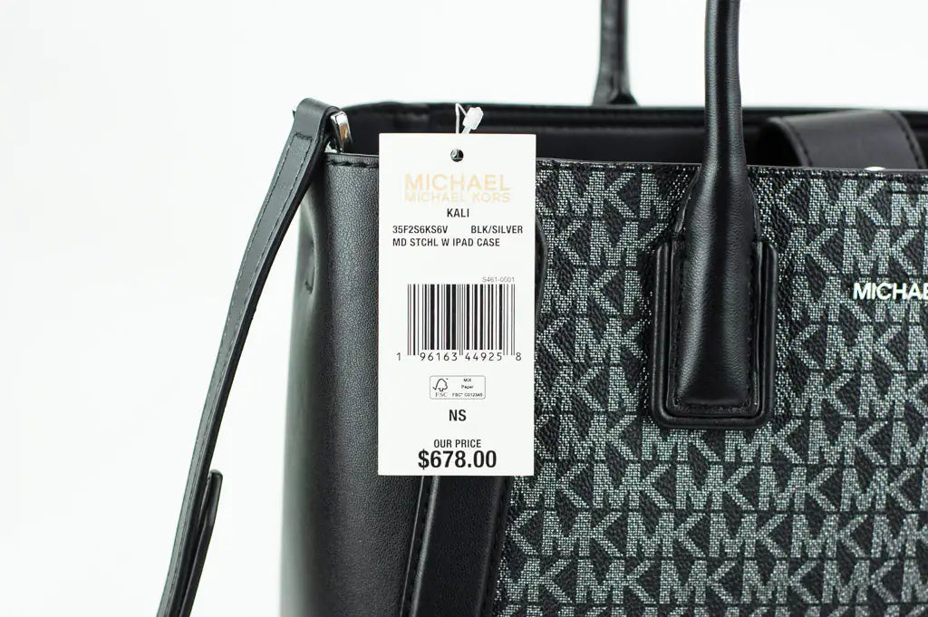 Michael Kors Kali Medium Black Silver Signature PVC  Satchel iPad Case Handbag