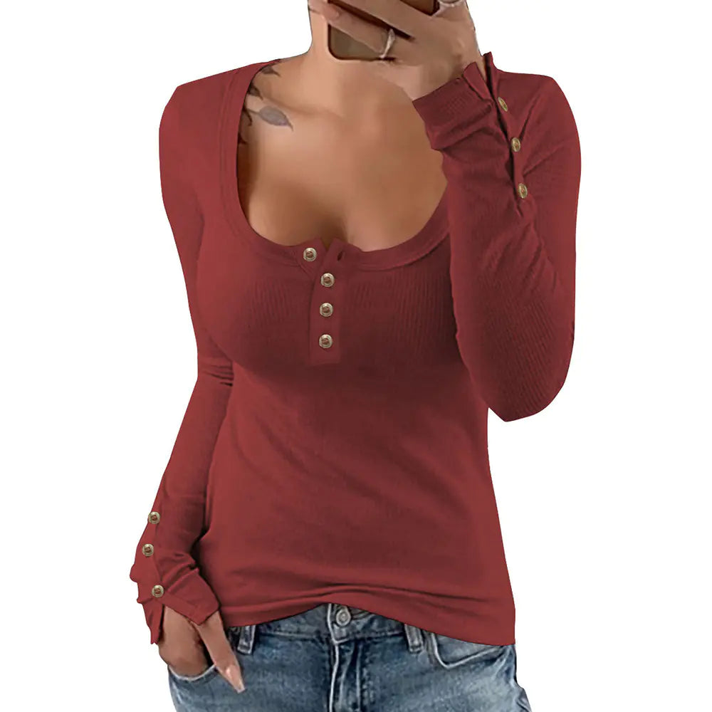 Solid Color Slim Fit Square Neck Knit T-shirt for Women