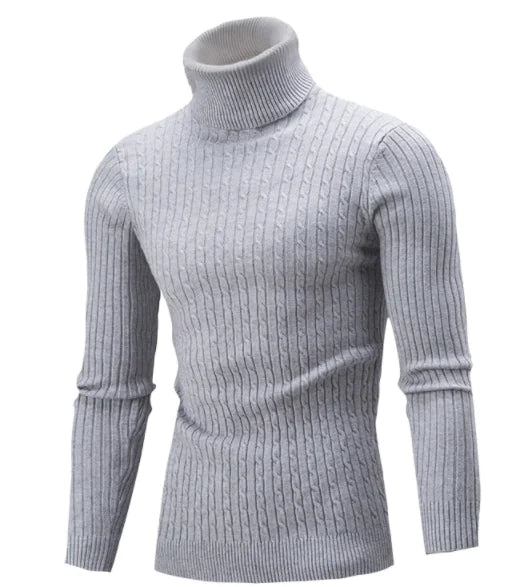 Men's Knit Sweater, High Neck, Solid Color Cable Top
