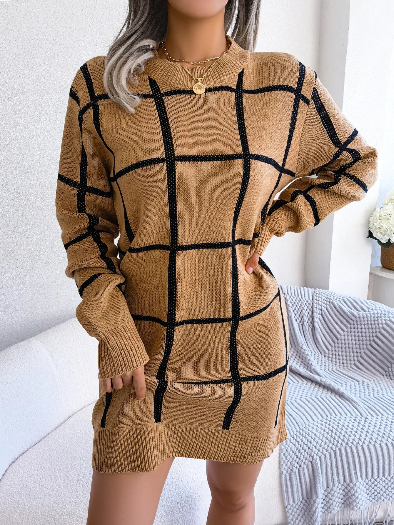 Chic Plaid Contrast Sweater Dress