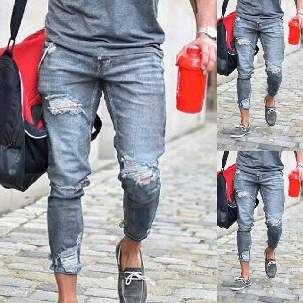 Men's Slim Fit Ripped Jeans - Casual Denim Trousers