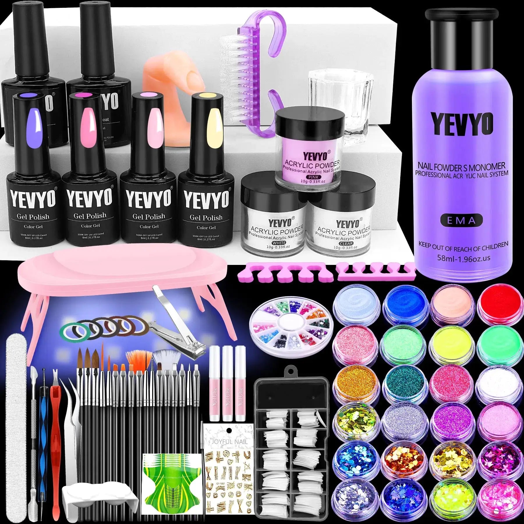Acrylic Nail Kit With UV Light, 4 Colors Gel Polish Kit With 24 Glitter Colors Acrylic Powder Monomer Liquid
