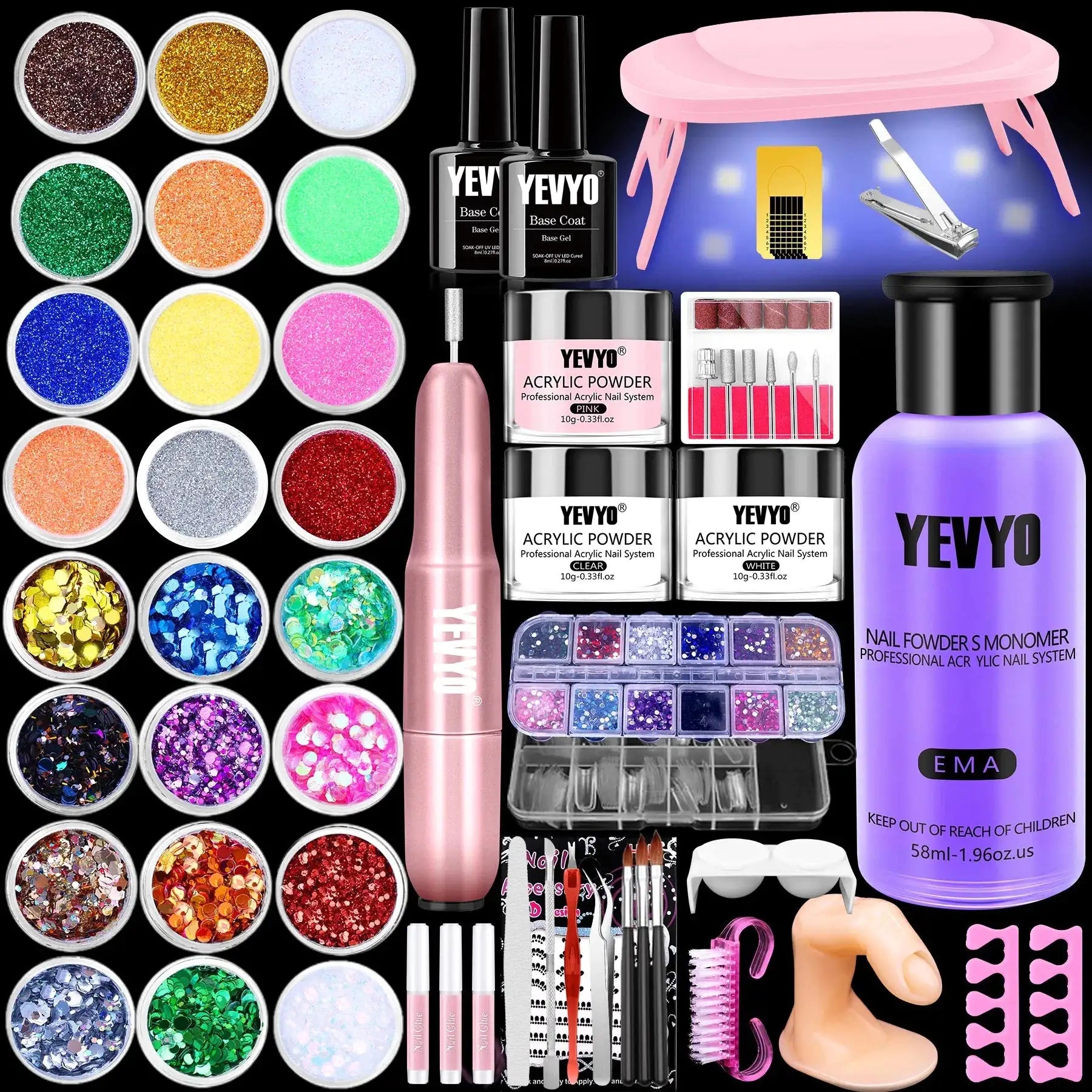 Acrylic Nail Kit With Drill And UV Light, Nail Kit For Beginners With Everything, 24 Glitter Colors Acrylic Powder, 3 Colors Acrylic Powder, 1.96oz Monomer Liquid
