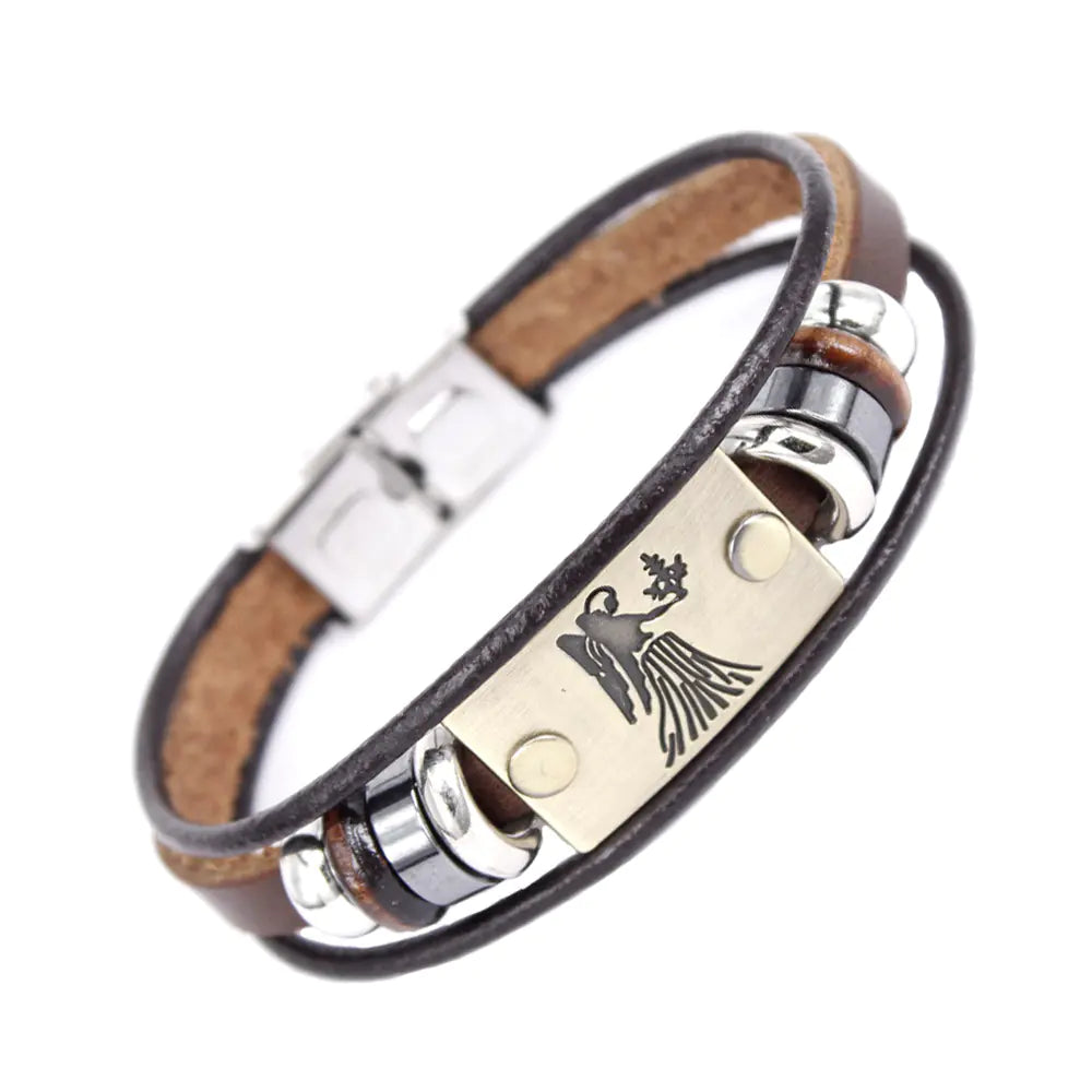 Zodiac Leather Bracelet with Stainless Steel Clasp