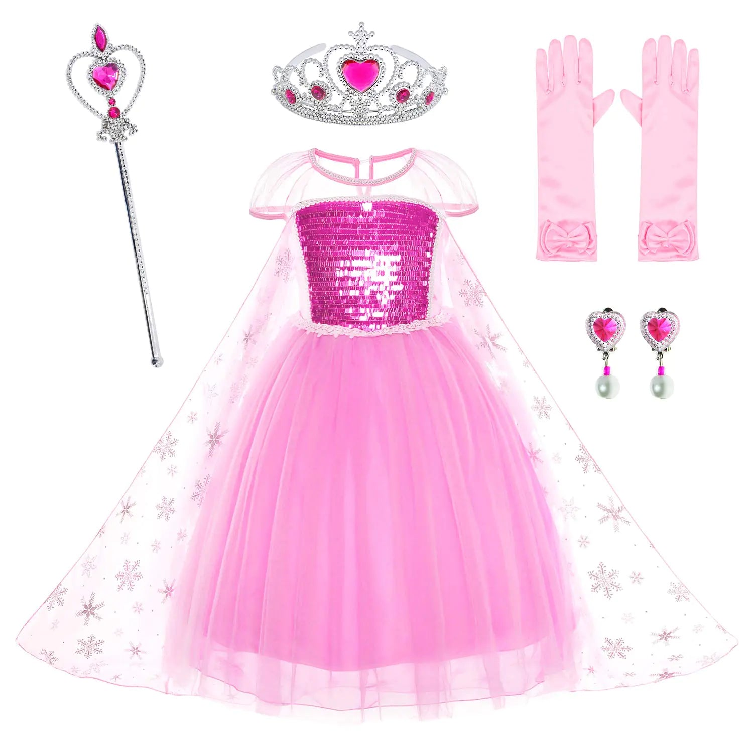 Party Chili Pink Princess Dress Costumes Birthday Dress Up for Little Girls with CrownMaceGloves Accessories 3-4 Years(110cm)