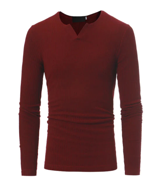 Men's Long Sleeve V-Neck Knit Top - Solid Color T-Shirt