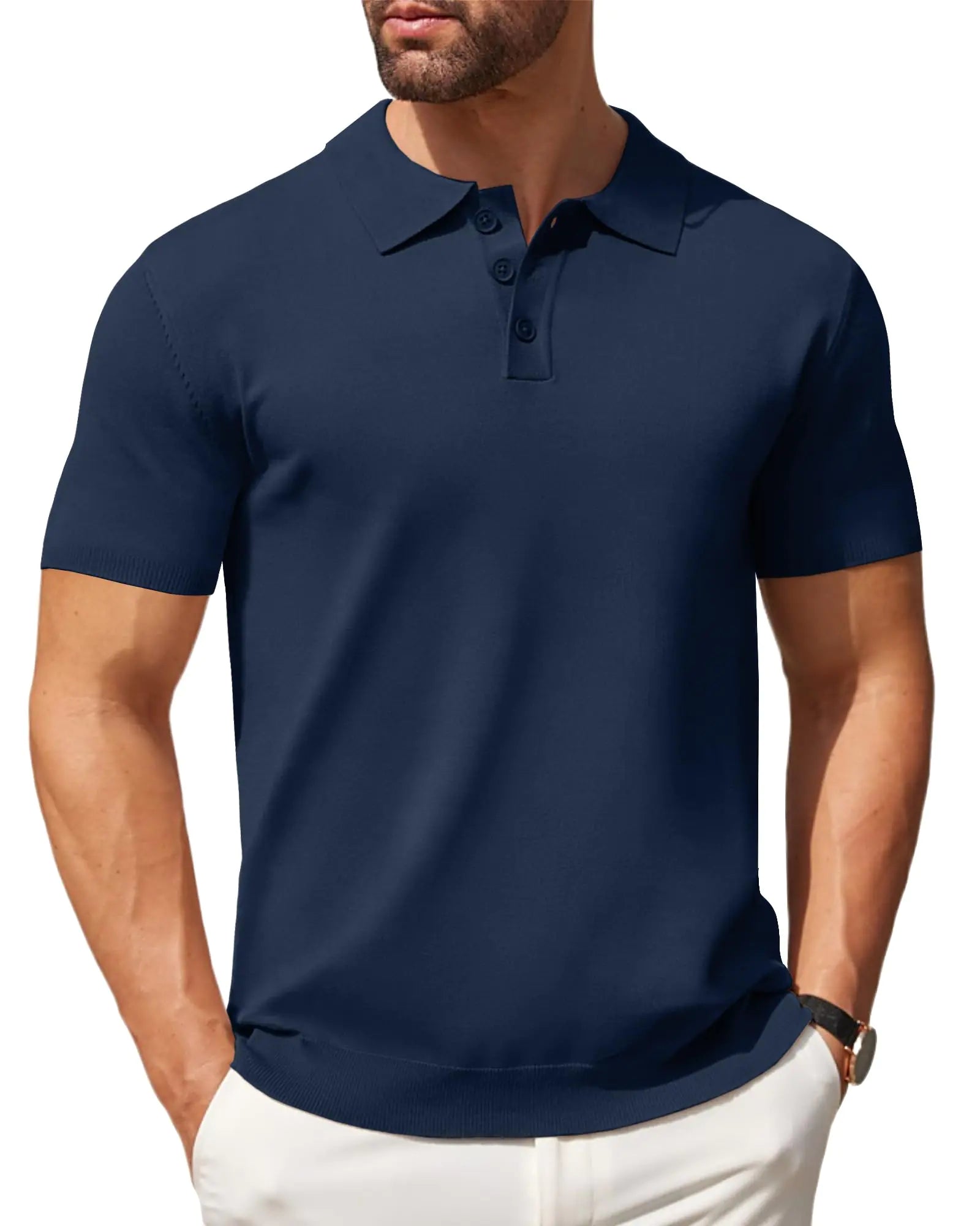 COOFANDY Mens Short Sleeve Polo Shirt Casual Knit Button Down Golf Shirt Navy Blue