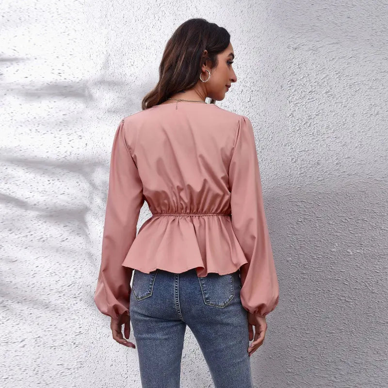 Solid Color V-neck Long-sleeve Chiffon Shirt for Women