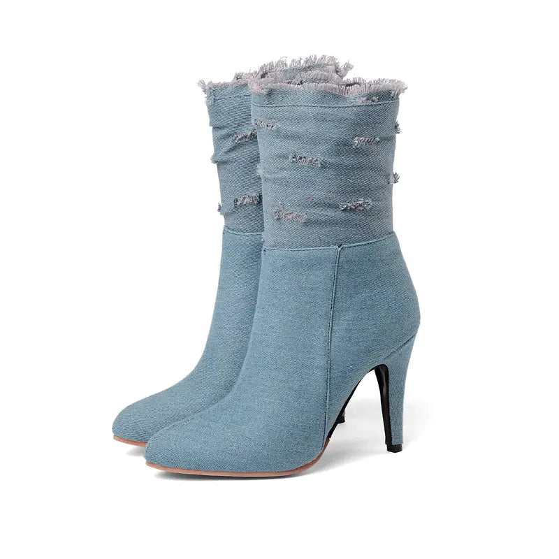 Pointed Toe High Heel Ripped Women's Denim Ankle Boots