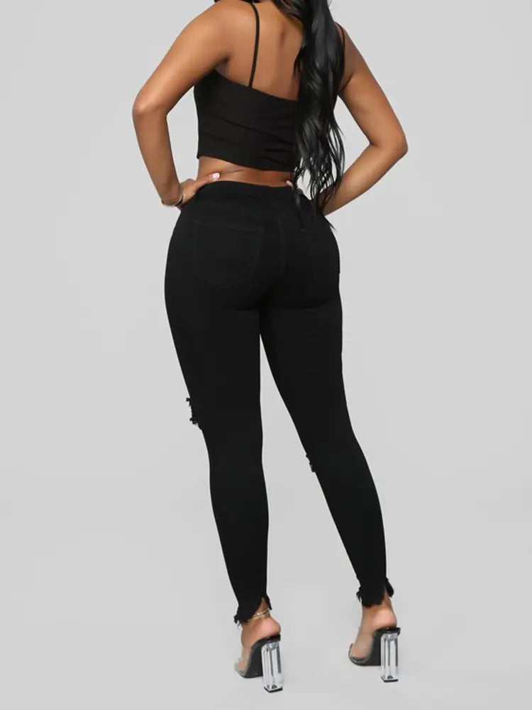 Women's Black Ripped Skinny Jeans with High Waist Fit