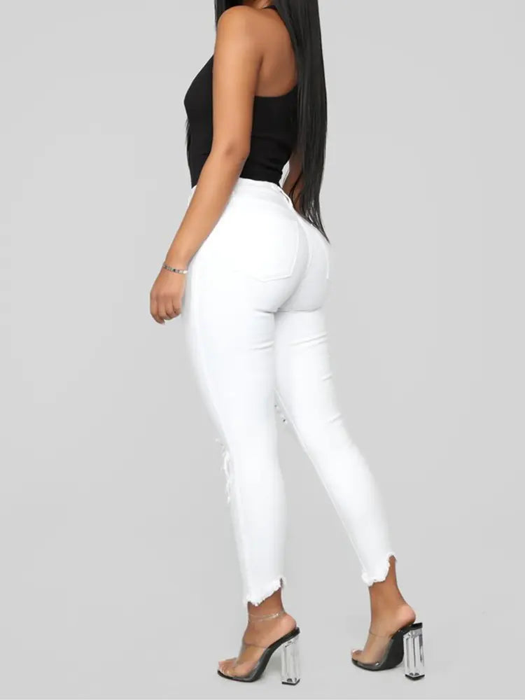 Women's Black Ripped Skinny Jeans with High Waist Fit