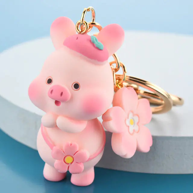 3D Cute Pink Pig Flower Keychain for School Bags