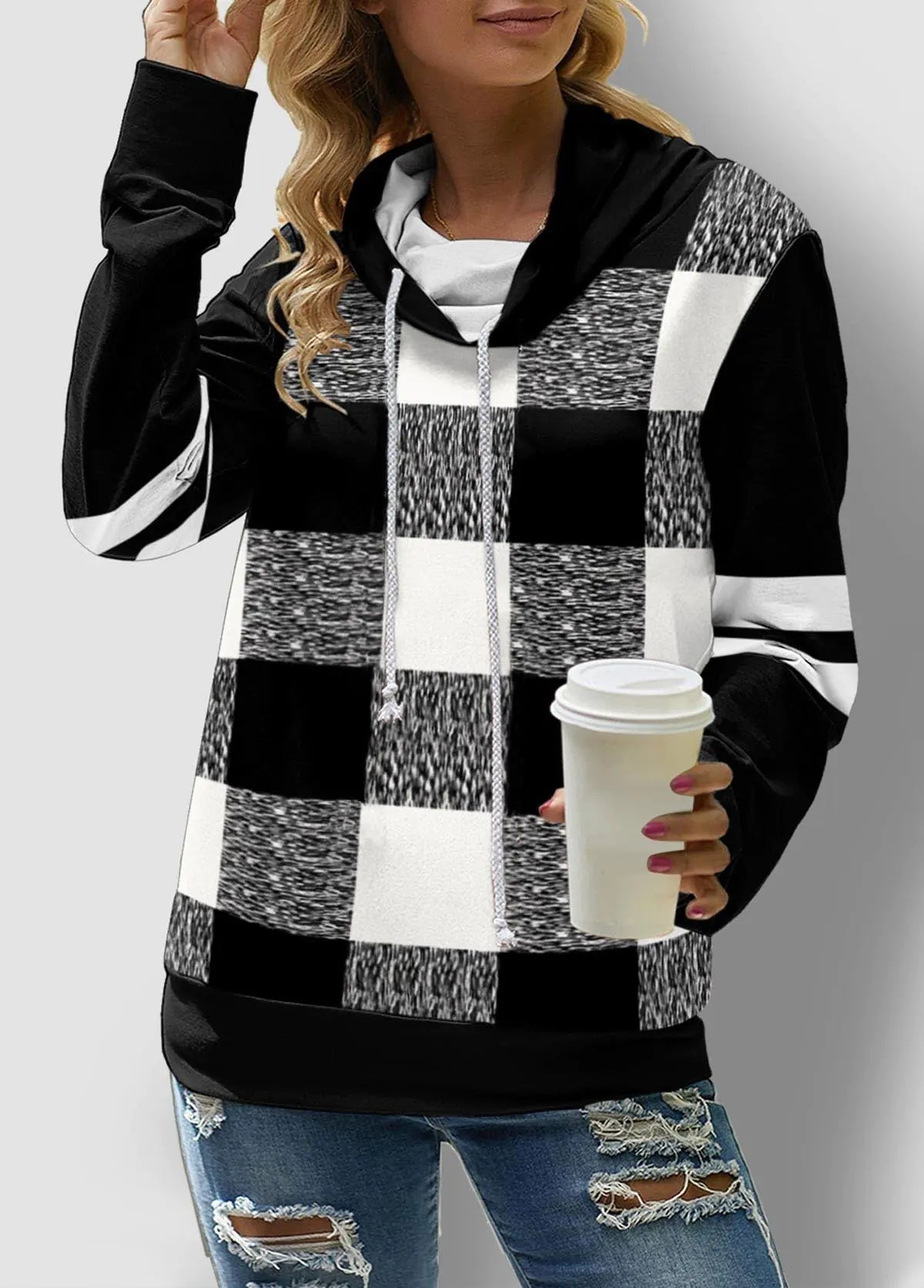 Checkered Long Sleeve Turtleneck Sweatshirt for Women
