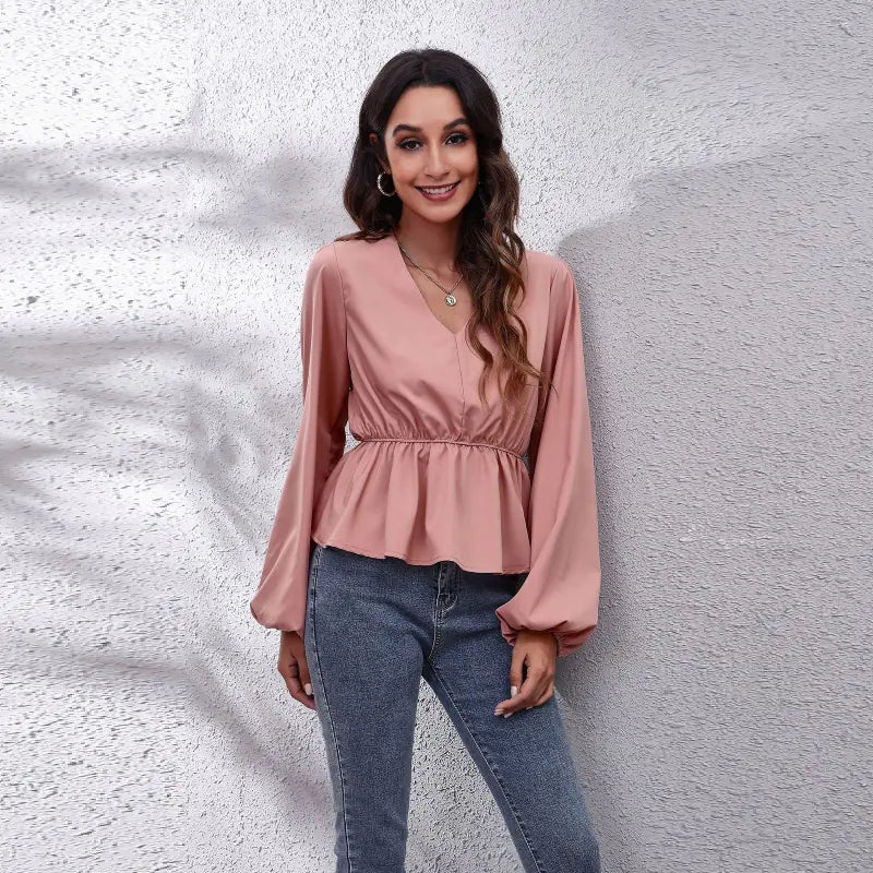 Solid Color V-neck Long-sleeve Chiffon Shirt for Women