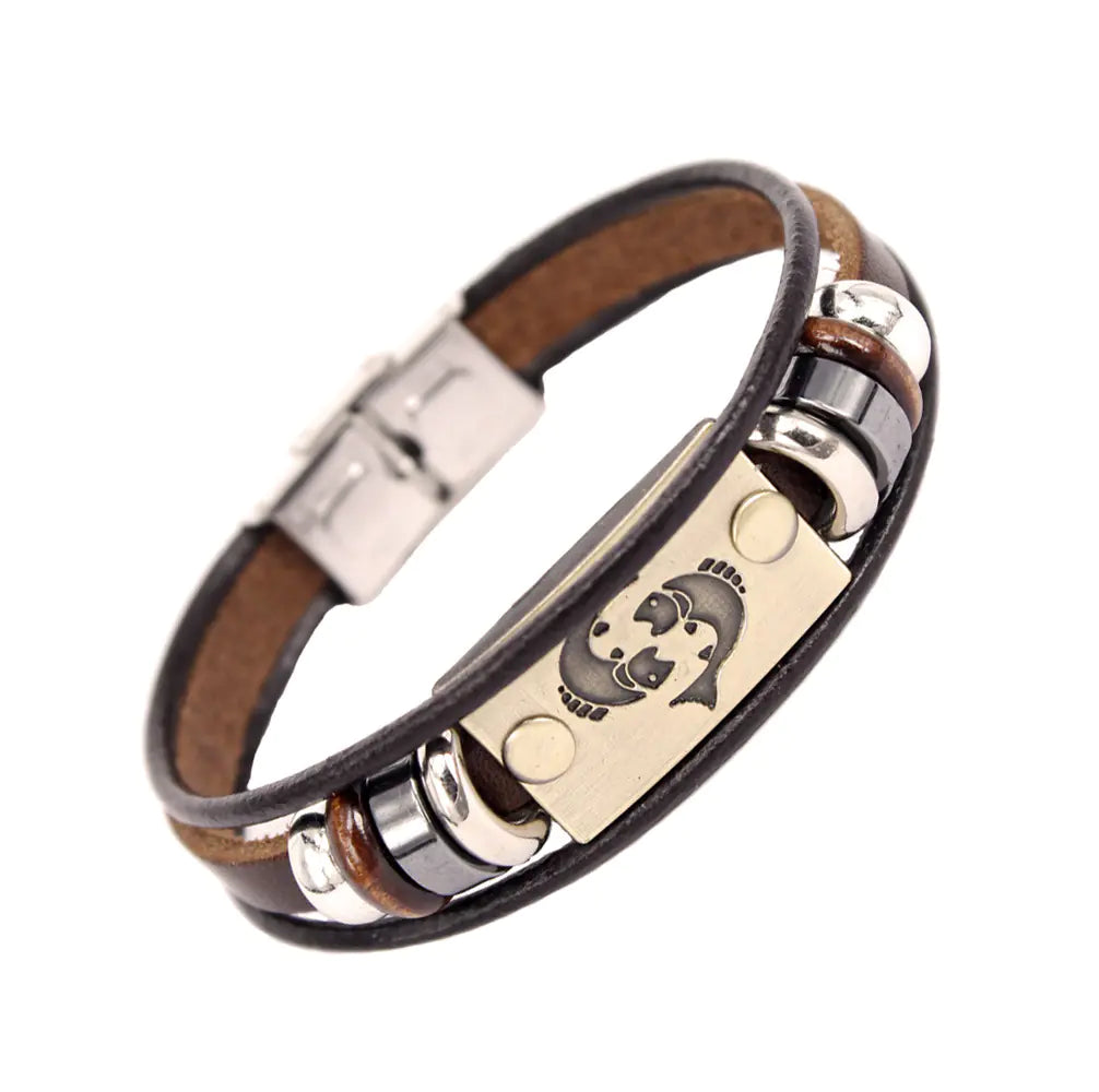 Zodiac Leather Bracelet with Stainless Steel Clasp