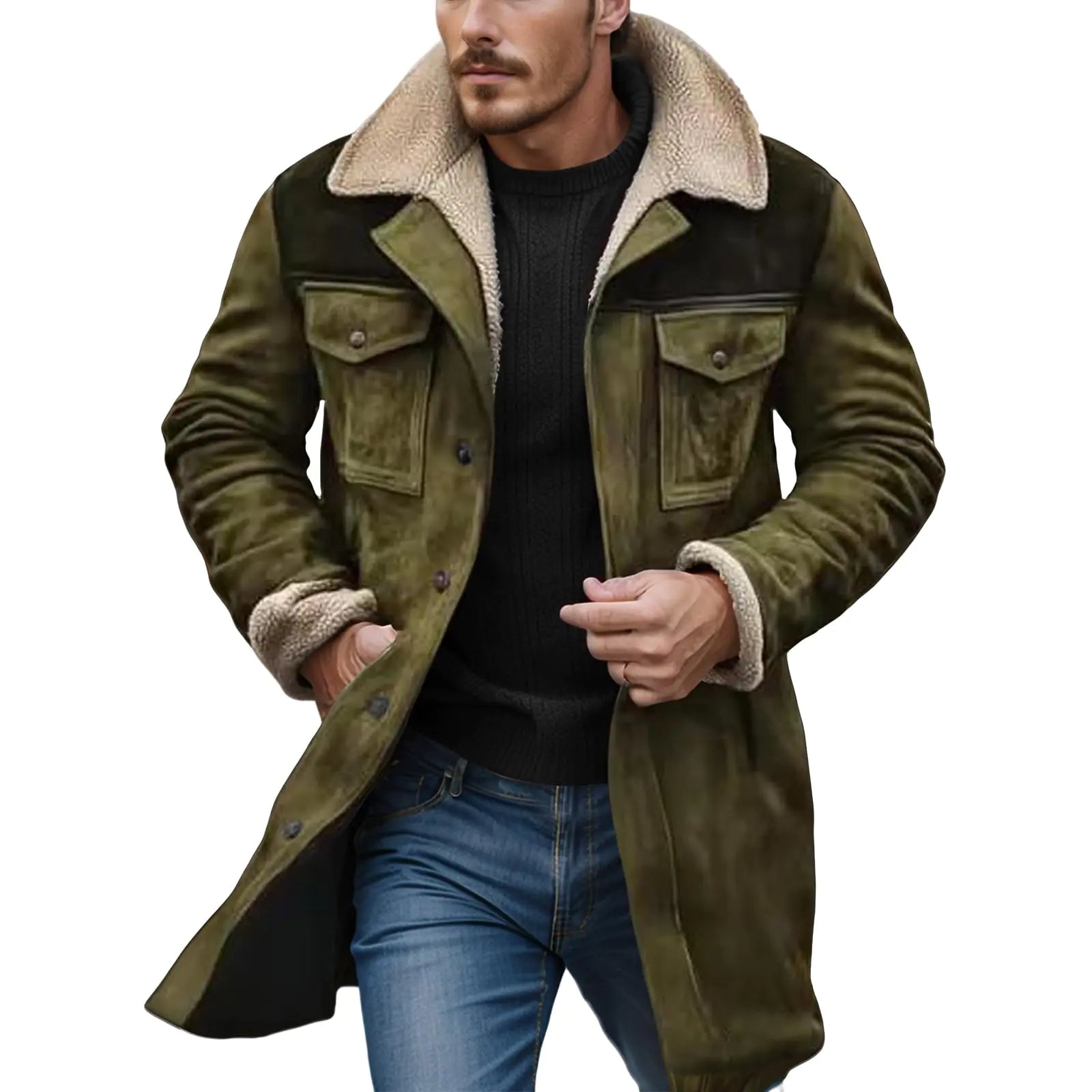 Mens Vintage Suede Jacket Faux Leather Jackets Plush Reversed Collar Coats Western Motorcycle Coat Retro Outwear