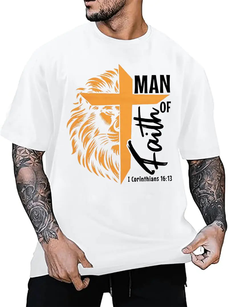 Man of God Shirts for Men : Oversized Christian Cross Shirts Man of Faith Jesus Scripture Bible Graphic Tee
