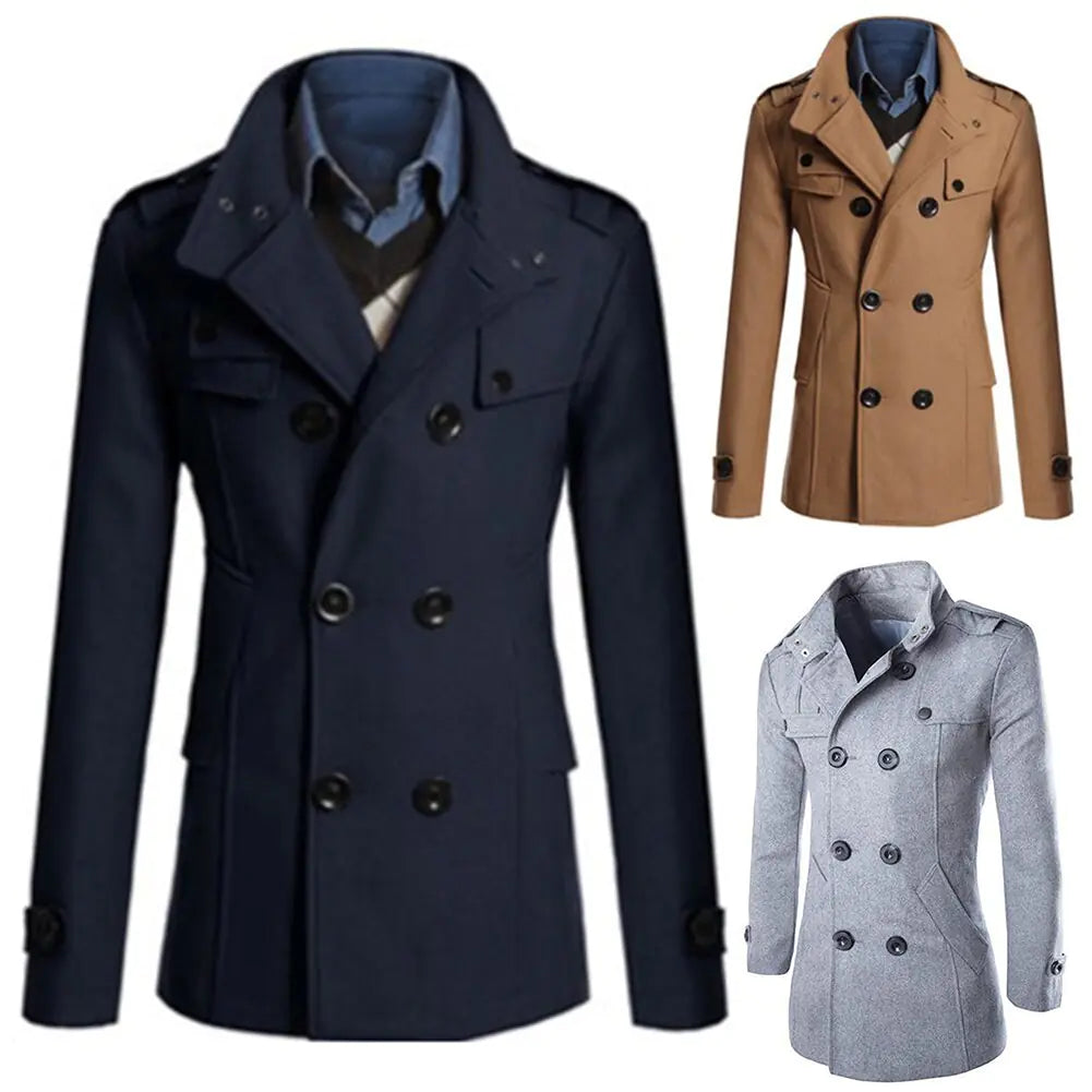 Men's Long Sleeve Wool Trench Coat with Stand Collar